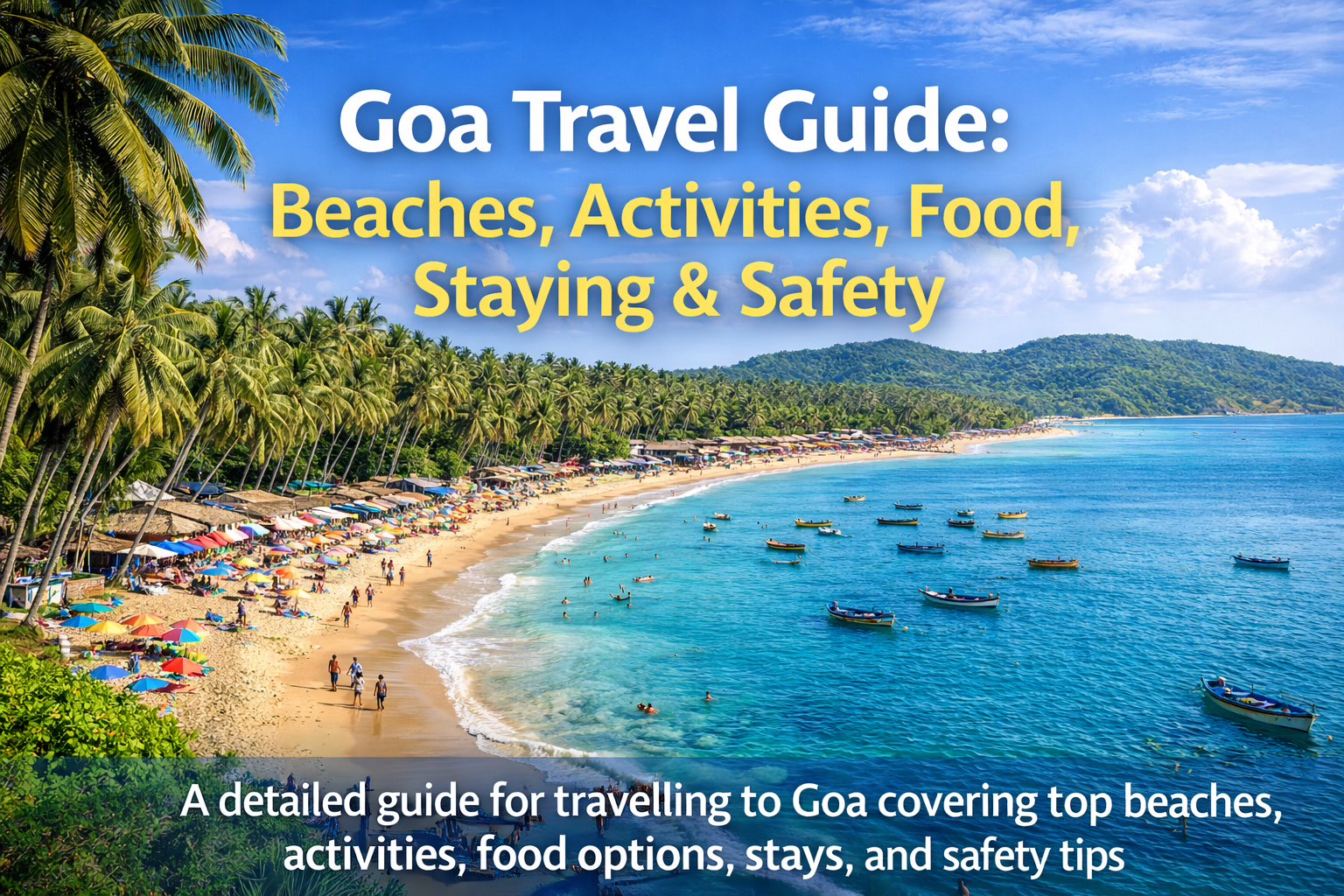 Scenic Goa beach with palm trees, blue water and tourists enjoying – complete Goa travel guide covering beaches, activities, food, stay options and safety tips