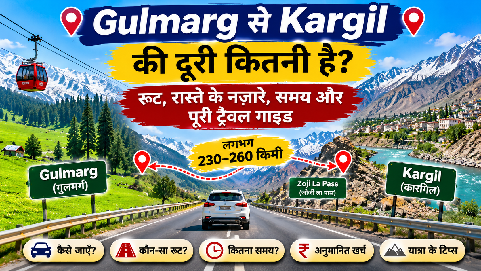 Gulmarg to Kargil distance and route via Zoji La Pass with Himalayan mountains and scenic road